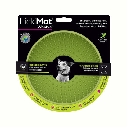 Green LickiMat® Wobble™ – Fun, Reversible Slow Feeder Bowl for Dogs (label) on a white background