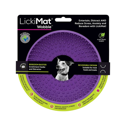 Purple LickiMat® Wobble™ – Fun, Reversible Slow Feeder Bowl for Dogs (label) on a white background