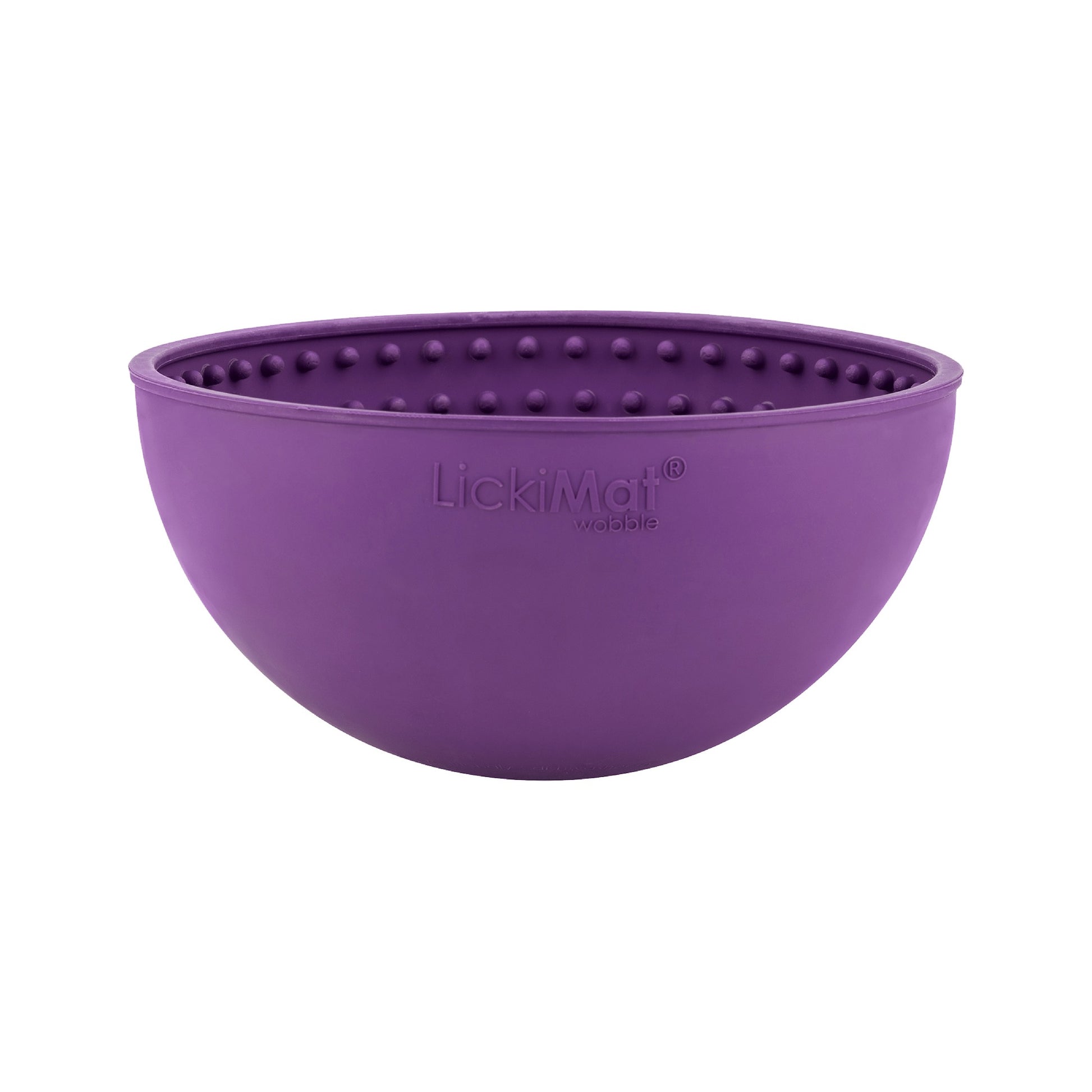 Purple LickiMat® Wobble™ – Fun, Reversible Slow Feeder Bowl for Dogs (front) on a white background