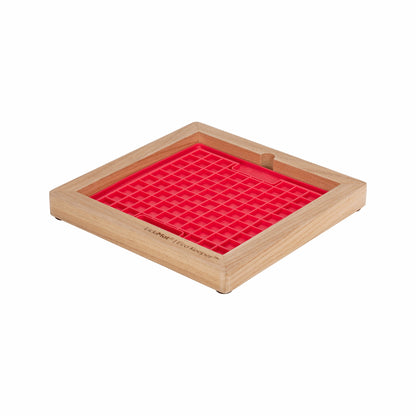 LickiMat Wooden Keeper™ – Non-Slip Holder & Feeding Bowl (side) with red playdate on white background