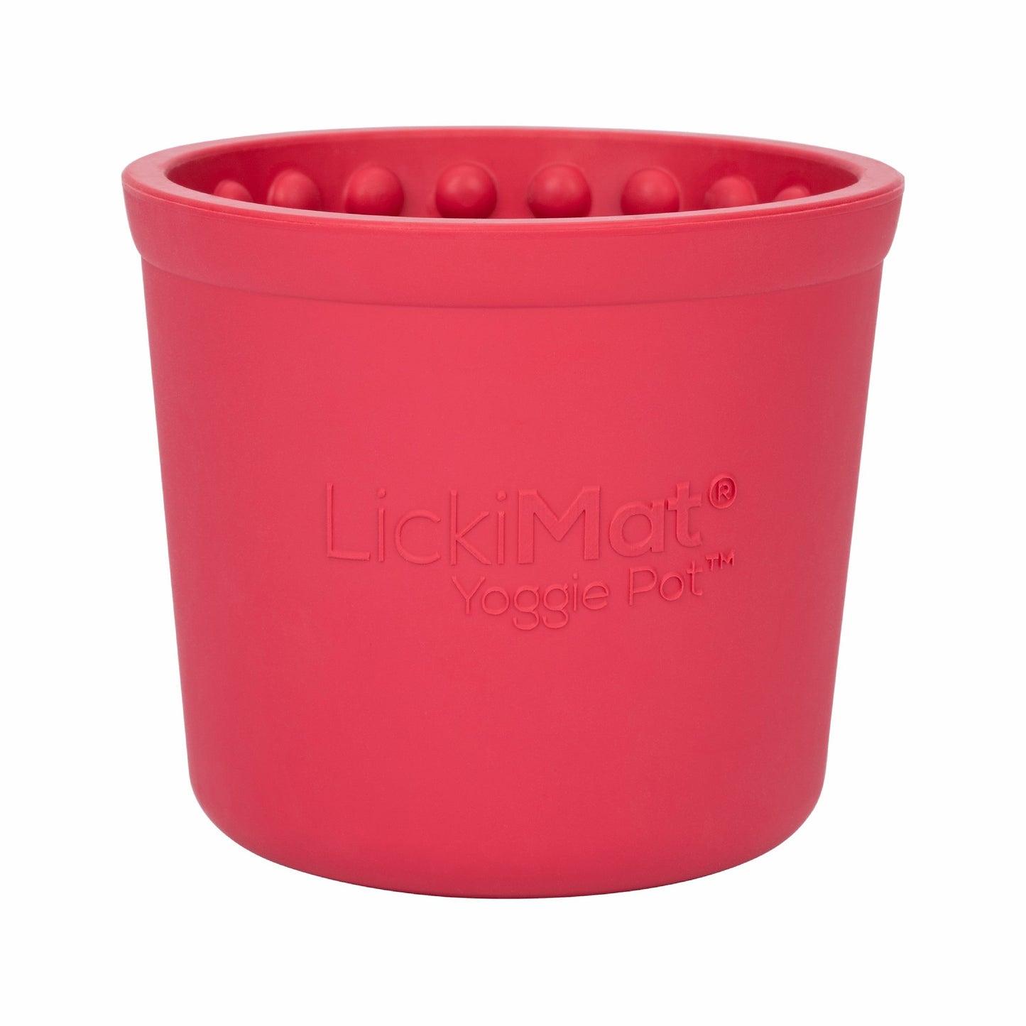 Pink LickiMat® Yoggie Pot™ – Enrichment & Slow Feeder Pot for Dogs (front) on a white background