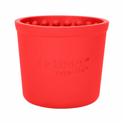 Red LickiMat® Yoggie Pot™ – Enrichment & Slow Feeder Pot for Dogs (front) on a white background