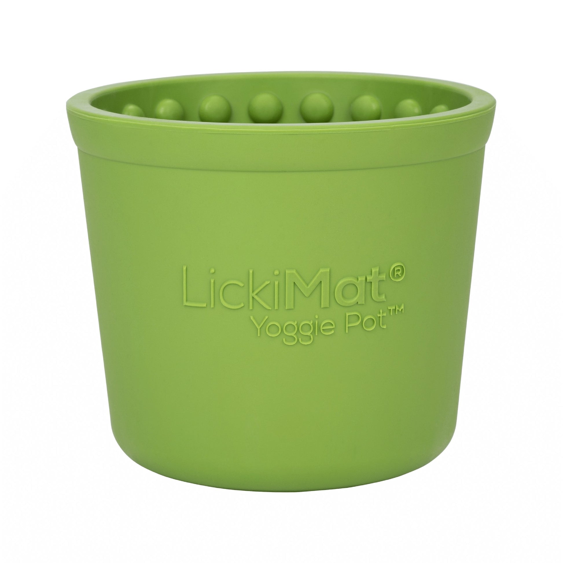 Green LickiMat® Yoggie Pot™ – Enrichment & Slow Feeder Pot for Dogs (front) on a white background
