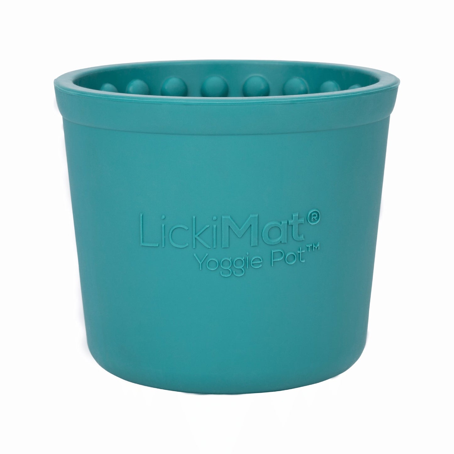 Turquoise LickiMat® Yoggie Pot™ – Enrichment & Slow Feeder Pot for Dogs (front) on a white background