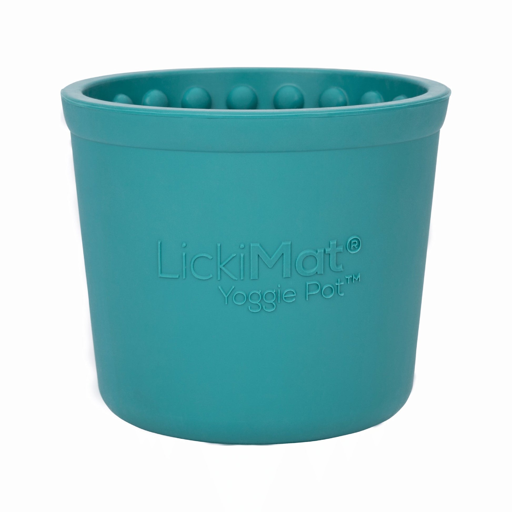Turquoise LickiMat® Yoggie Pot™ – Enrichment & Slow Feeder Pot for Dogs (front) on a white background