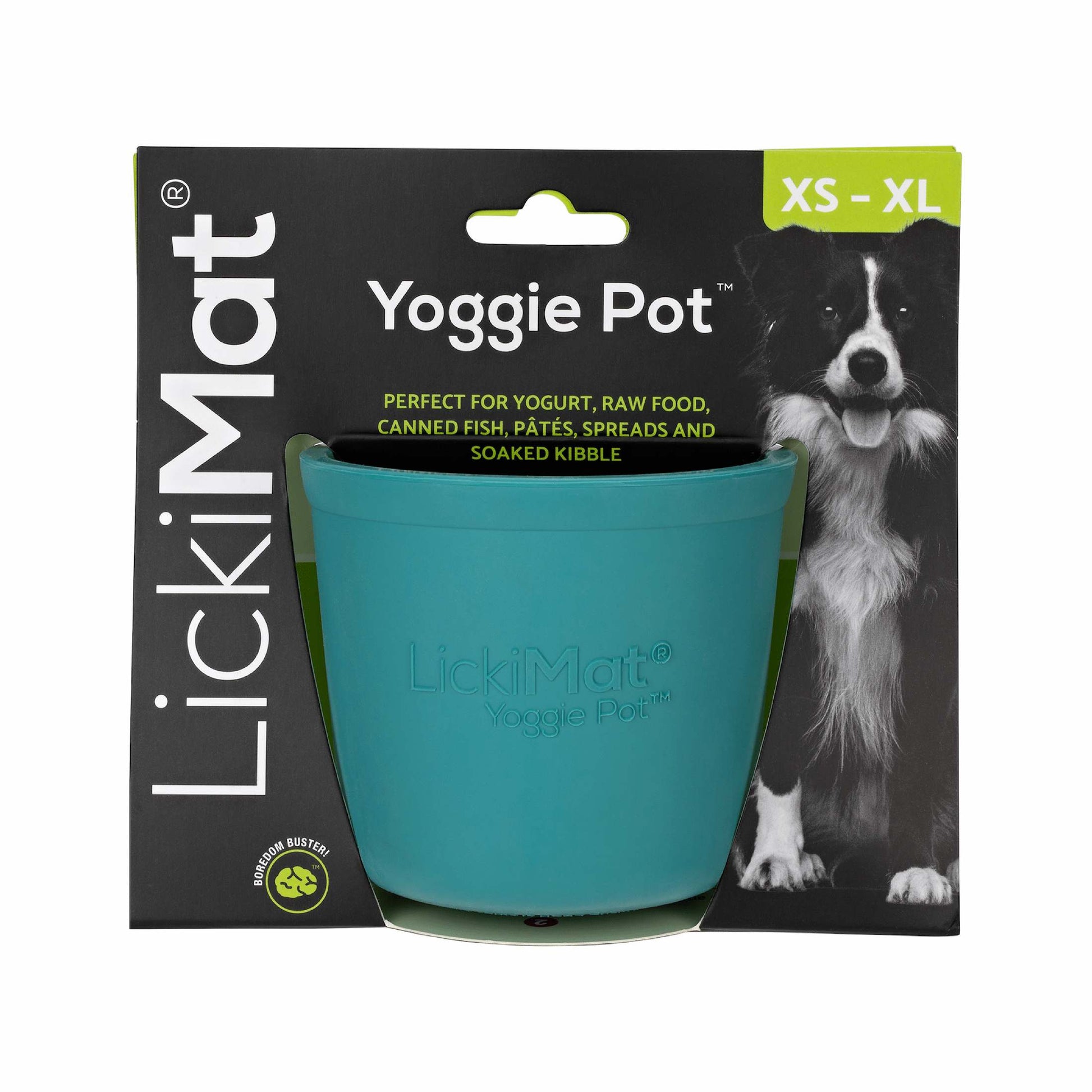 Turquoise LickiMat® Yoggie Pot™ – Enrichment & Slow Feeder Pot for Dogs (label) on a white background