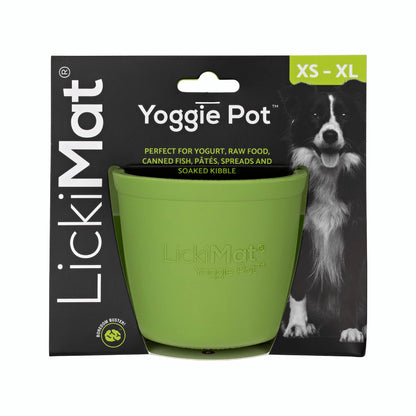 Green LickiMat® Yoggie Pot™ – Enrichment & Slow Feeder Pot for Dogs (label) on a white background