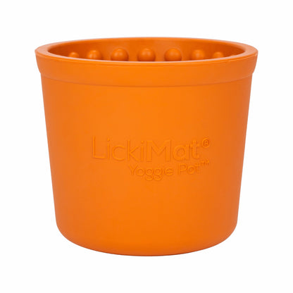 Orange LickiMat® Yoggie Pot™ – Enrichment & Slow Feeder Pot for Dogs (front) on a white background