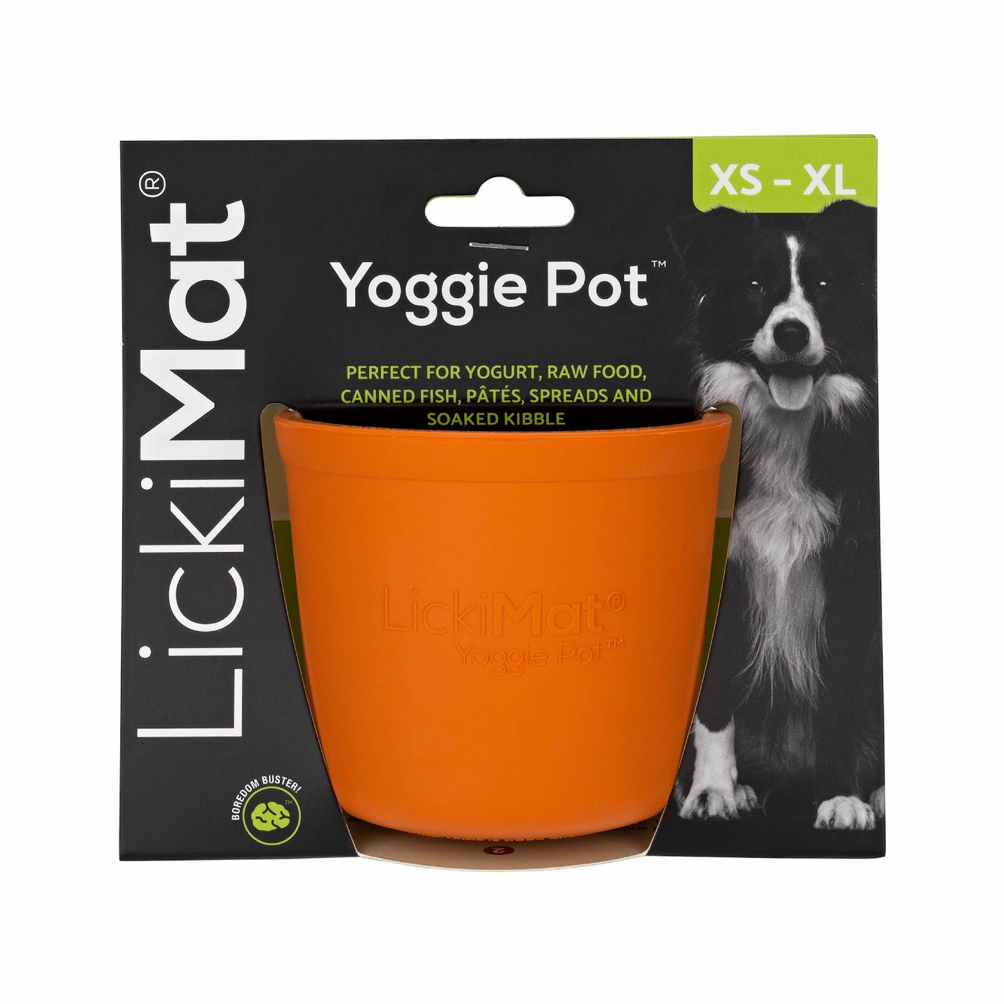Orange LickiMat® Yoggie Pot™ – Enrichment & Slow Feeder Pot for Dogs (label) on a white background