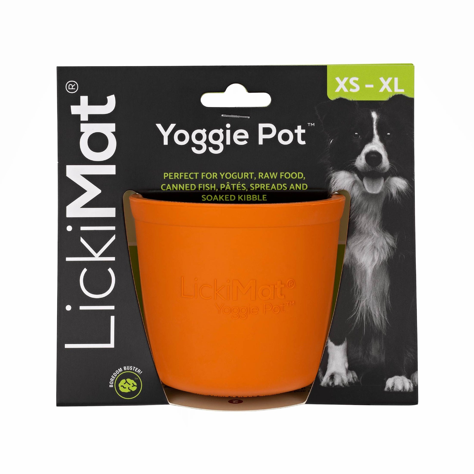 Orange LickiMat® Yoggie Pot™ – Enrichment & Slow Feeder Pot for Dogs (label) on a white background