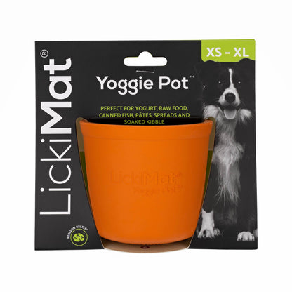 Orange LickiMat® Yoggie Pot™ – Enrichment & Slow Feeder Pot for Dogs (label) on a white background